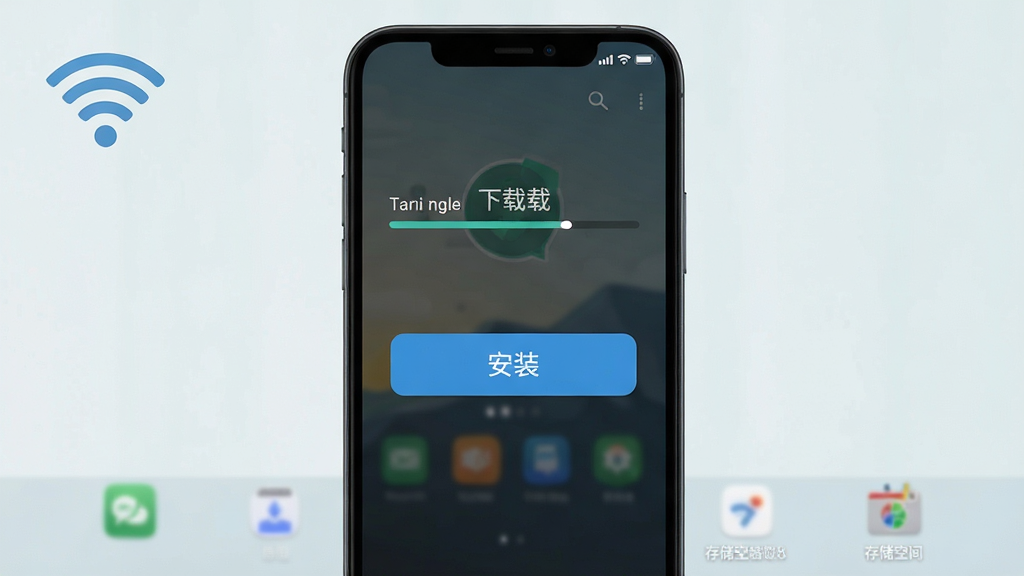 展示游戏安装教程截图,手机屏幕上显示下载进度条,下方有“安装”按钮,周围有WiFi图标和存储空间提示。背景是简洁的桌面壁纸。布局清晰,文字可读性强,画质干净,无多余元素