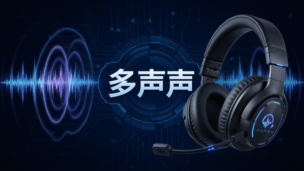多声声实时变声功能示意图,画面展示游戏耳机与声波波纹,背景为深蓝色科技感风格,中央有“多声声”文字标识,整体布局清晰,细节丰富,画质高清