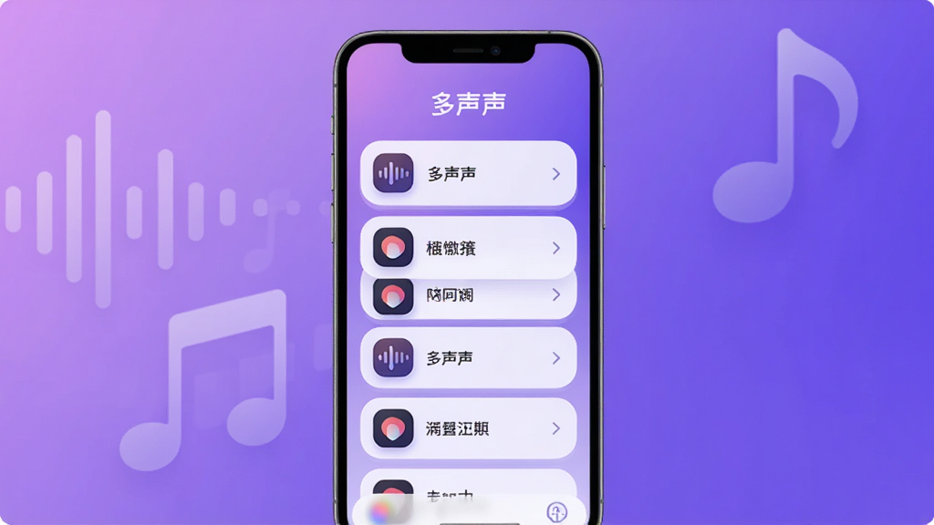 多声声应用主界面展示,手机屏幕中央显示音色选择列表,背景为渐变紫色,界面风格简洁现代,图标圆润,文字标注“多声声”字样,整体画质清晰,光线柔和,无多余元素