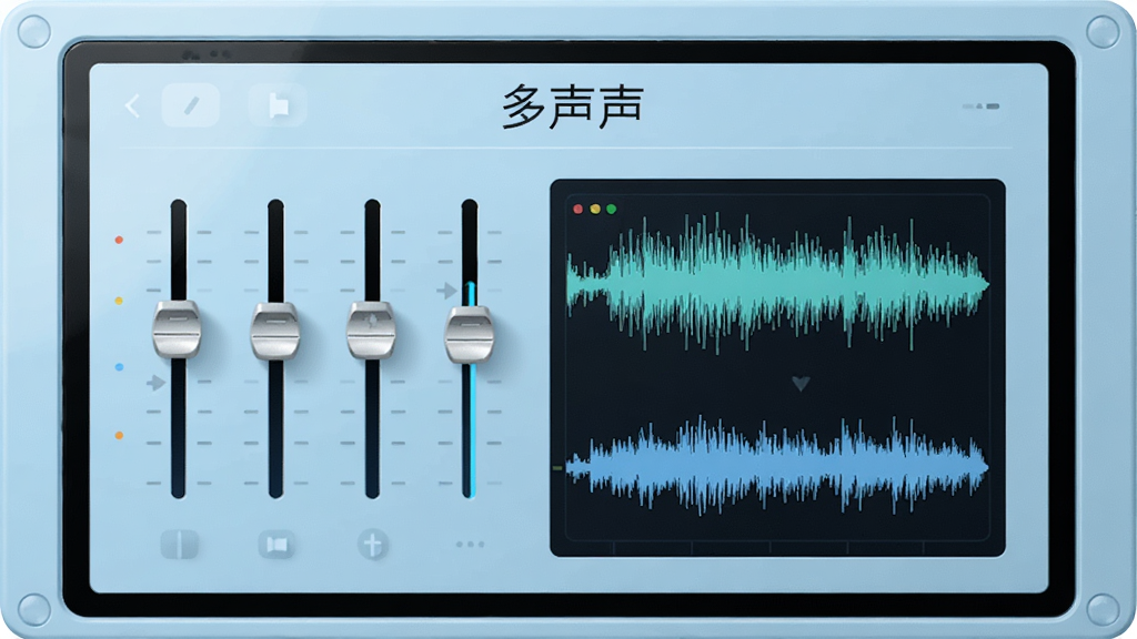 多声声调音台操作界面,屏幕展示滑块控件和波形图,背景为浅蓝色,界面简约,有“多声声”字样,整体画质细腻,无多余元素