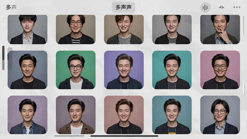 多声声音色库界面截图,手机屏幕展示网格状音色图标,每个图标配有人物形象,背景为浅灰色,界面整洁,文字标注“多声声”名称,画质干净,布局合理