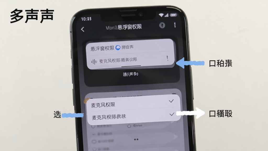 多声声使用教程步骤图,手机屏幕展示设置界面,包括悬浮窗权限和麦克风权限选项,背景为浅色,步骤指示清晰,画质干净,有“多声声”文字标识