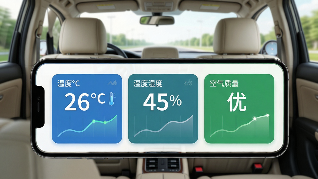 主体:手机APP显示车内环境监测数据,包括温度、湿度、空气质量指数,背景为汽车后座场景。布局:数据卡片横向排列,数值用大号字体突出。排版:简洁清晰,带趋势曲线图。风格:清新自然,细节:温度显示“26°C”,湿度“45%”,空气质量“优”。画质:高清渲染,干净无多余元素。