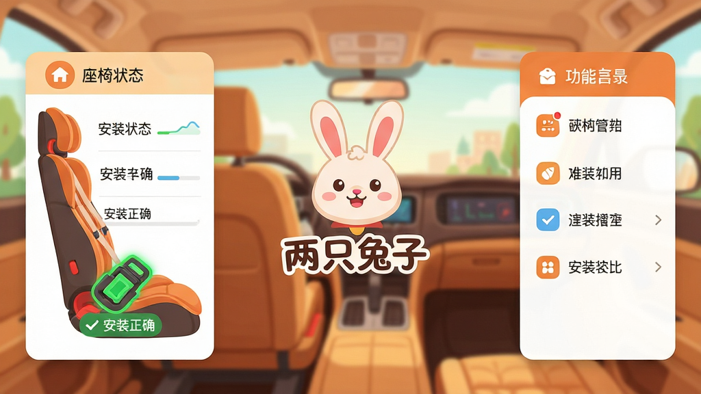 主体:智能安全座椅管理软件界面,中心显示“两只兔子”品牌Logo和卡通兔子形象,背景为温馨家庭汽车内景。布局:左侧为座椅状态面板,右侧为功能菜单列表。排版:信息层级分明,图标搭配文字说明。风格:扁平化设计,色彩温暖明亮,细节:座椅卡扣图标绿色高亮,提示“安装正确”;画质:高清渲染,干净无多余元素。
