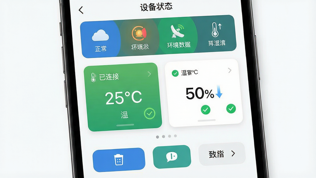 主体:手机APP界面显示使用指南中“设备状态”页面,座椅状态正常,环境数据正常。布局:顶部为状态图标,中部为温湿度卡片,底部为功能按钮。排版:清晰直观,带绿色安全标识。风格:简洁实用,细节:状态显示“已连接”,温度“25°C”,湿度“50%”。画质:高清,干净无多余元素。