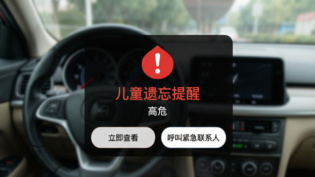 主体:手机APP弹窗预警界面,显示“儿童遗忘提醒”红色警示,背景为车内模糊场景。布局:中央红色感叹号图标,下方两个按钮“立即查看”“呼叫紧急联系人”。排版:警示文字醒目,按钮大而清晰。风格:紧急但不失严谨,细节:预警等级“高危”,画质:高对比度,干净无多余元素。
