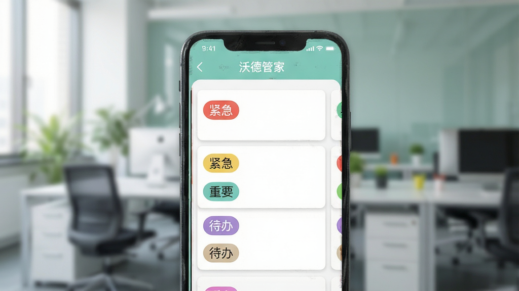 沃德管家任务管理界面,手机界面显示彩色标签分类的任务卡片,有“紧急”、“重要”、“待办”等标签,背景为模糊的办公室环境,界面设计扁平化,色彩清新,文字清晰,画质细腻,无多余元素
