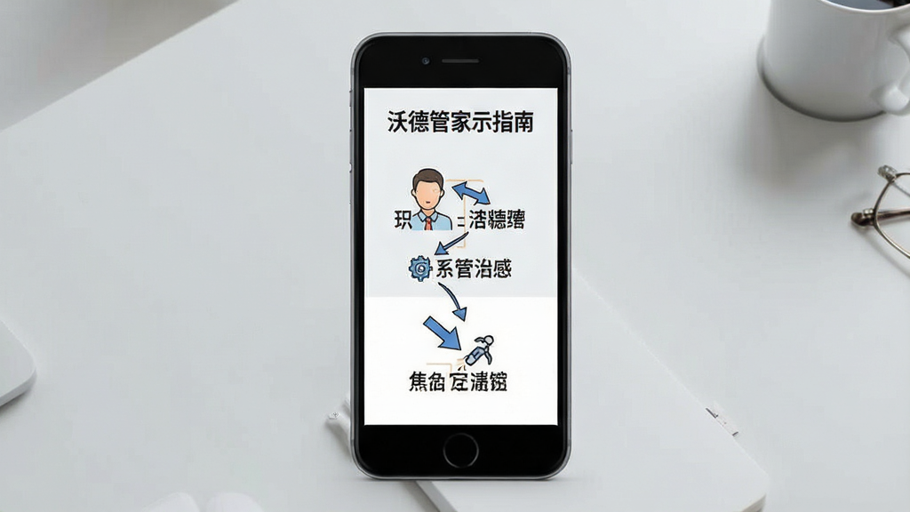 沃德管家使用指南示意图,手机屏幕上显示操作步骤指引,配有箭头和文字说明,背景为简洁的浅灰色桌面,整体风格清晰明了,画质干净,无多余元素
