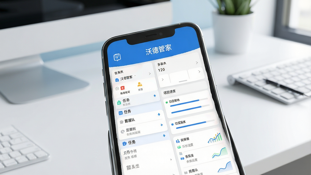沃德管家主界面展示,手机屏幕中显示整齐的任务列表和项目进度看板,背景为现代简约的办公桌面,整体色调以蓝色和白色为主,界面图标清晰,文字标签“沃德管家”显示在屏幕上方,画质高清,干净整洁,无多余元素