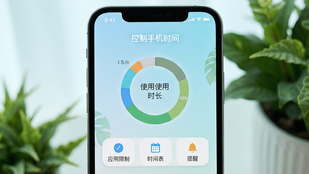 一张智能手机屏幕展示“控制手机时间”应用主界面,界面风格简洁清新,中央显示当天手机使用时长统计环形图,下方有“应用限制”“时间表”“提醒”三个功能按钮,背景为浅蓝色渐变,配有绿色植物元素,整体给人宁静、自律的感觉,画质高清,无多余元素
