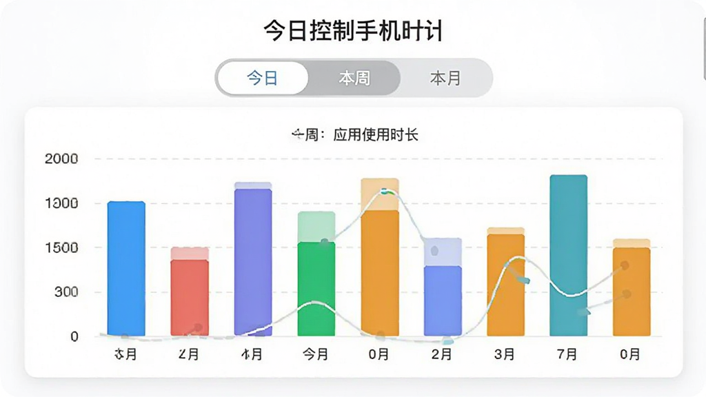 展示“控制手机时间”应用统计页面,界面以柱状图展示一周内各应用使用时长,不同应用用不同颜色区分,顶部有“今日”“本周”“本月”切换标签,背景为白色,配以淡灰色卡片布局,风格简洁商务,画质清晰,无多余元素