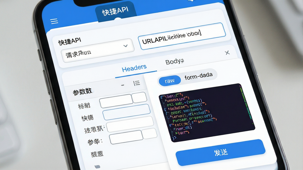 主体:手机屏幕展示“快捷API”的请求构建页面,左侧为方法选择下拉框,右侧为URL输入框,下方是参数表格;布局:上下结构,顶部为请求行,中部为Headers与Body选项卡,底部为“发送”按钮;排版:卡片式分组,每行参数独立显示,标签与输入框对齐;风格:清爽蓝白配色,圆角矩形元素;细节:请求头区域有“Authorization”示例,Body区有“raw”与“form-data”切换标签,响应区展示彩色JSON数据;画质:高分辨率,干净,无多余元素。
