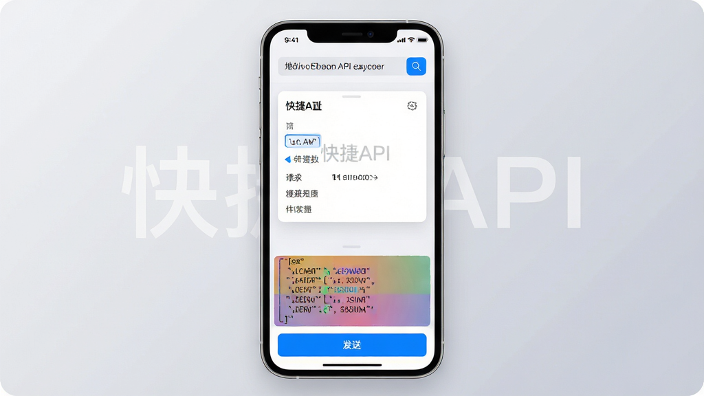主体:一款名为“快捷API”的手机应用界面,中央显示简洁的请求编辑区域,底部有彩色响应数据面板;布局:手机竖屏居中,界面元素清晰分层,顶部为地址栏,中部为参数配置卡片,底部为发送按钮与响应预览区;排版:现代扁平化设计,信息模块间距均匀,字体清晰易读,关键按钮使用高亮蓝色;风格:科技感、简洁、专业;细节:屏幕中隐约可见“快捷API”字样,响应数据以JSON格式彩色高亮显示,背景为浅灰色渐变;画质:4K超清,干净,无多余元素。
