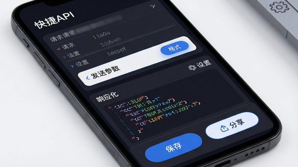 主体:手机屏幕展示“快捷API”的发送请求页面,响应区有彩色JSON数据,底部有“保存”和“分享”按钮;布局:上下结构,上方为请求参数配置,下方为响应内容;排版:模块分区明确,按钮使用圆角设计;风格:暗色主题,蓝色高亮元素;细节:响应区有“格式化”按钮,右上角有“设置”图标;画质:高清晰度,干净,无多余元素。
