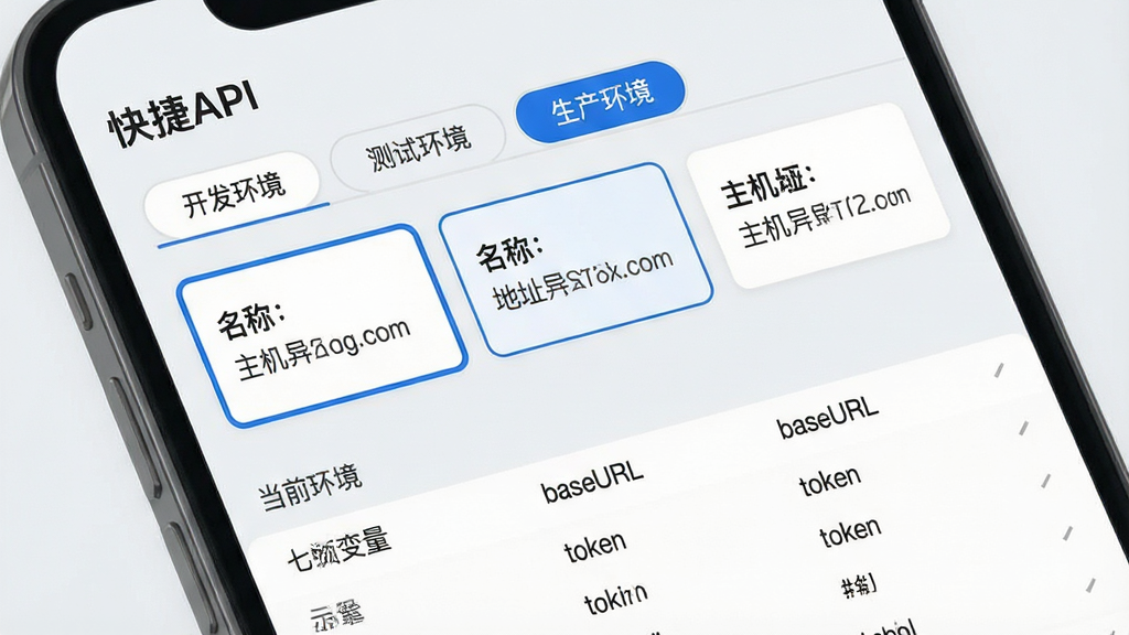 主体:手机界面展示“快捷API”的环境管理页面,顶部有“开发环境”“测试环境”“生产环境”三个标签页;布局:横向排列的环境卡片,下方为当前环境的变量列表;排版:卡片式布局,每个环境卡片显示名称与主机地址,变量列表以键值对形式展示;风格:简约商务风,浅灰色背景,蓝色强调色;细节:当前选中的环境卡片有蓝色边框,变量列表包含“baseURL”“token”等示例;画质:清晰细腻,干净,无多余元素。