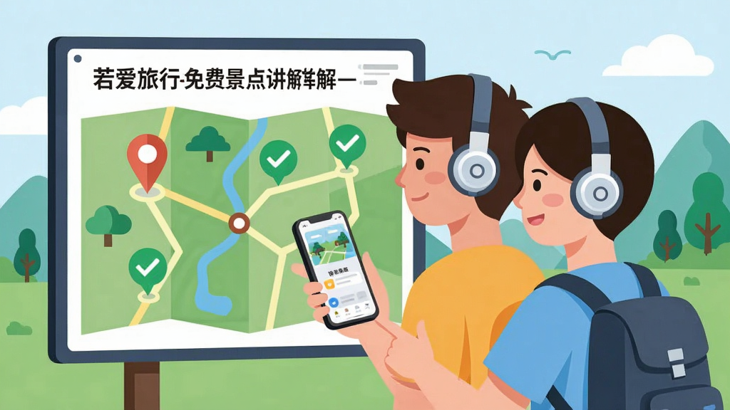 创作一幅关于“若爱旅行-免费景点讲解”使用场景的插画,主体是两位年轻游客戴着无线耳机,站在景区导览图前,其中一人手持手机查看应用界面,布局为横向构图,排版注重人物与背景的层次关系,风格为扁平化卡通风格,细节包含地图上的定位点、耳机和绿色对勾图标,画质干净,无多余元素。