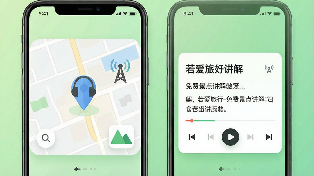 一张以“若爱旅行-免费景点讲解”应用为视觉主体的功能预览图,画面左侧是简洁的定位地图,右侧是正在播放的语音讲解卡片,背景采用浅绿色渐变,布局清晰,排版注重信息层级,风格为现代UI设计,细节包含耳机、信号塔和山水图标,画质锐利,干净无杂乱元素。