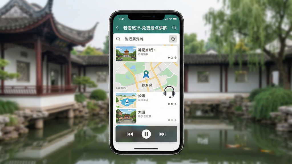 一幅展示智能手机横屏运行“若爱旅行-免费景点讲解”应用的场景图,手机屏幕界面清晰显示附近景点列表和语音播放控制条,背景是模糊处理的中国古典园林景观,布局以手机为主体居中,排版简洁明快,采用扁平化设计风格,细节上突出应用内地图导航与耳机图标,画质高清,干净无多余元素。