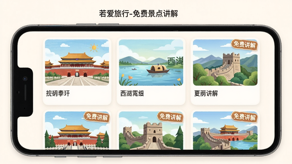 展示“若爱旅行-免费景点讲解”应用内容库的预览图,主体为一部手机,屏幕内显示分类排列的景点卡片,卡片上有故宫、西湖、长城等缩略图,布局采用网格形式,排版规整有序,风格为清新插画风,细节突出文字“免费讲解”标签,画质柔和,干净无多余元素。
