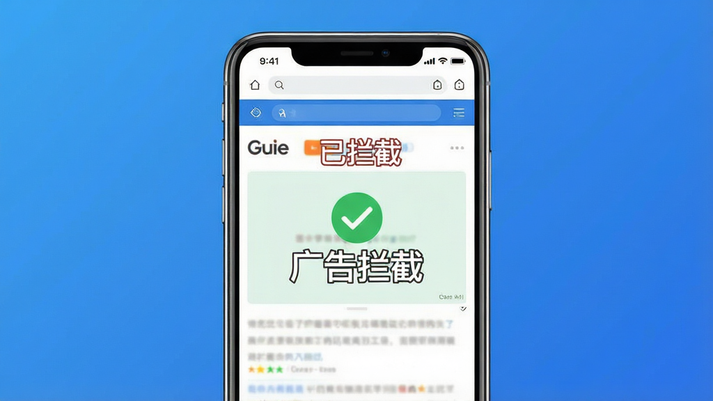 主体:Guie浏览器广告拦截功能示意,画面中一部手机屏幕显示一个网页,页面上原本广告位置被“已拦截”提示取代,带有“广告拦截”字样。布局:手机屏幕居中,背景为简洁的蓝色渐变。排版:屏幕内网页内容清晰,广告区域显示绿色对勾图标。风格:简洁、安全、可靠。细节:网页内容排版干净,无杂乱元素,色彩明快。画质:高清,干净,无多余元素。