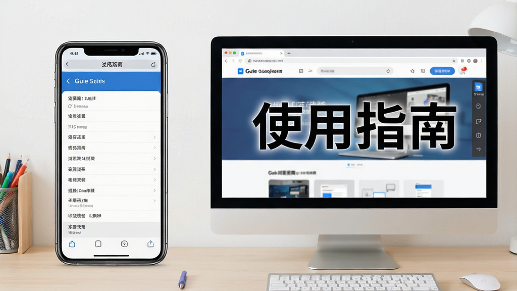 主体:Guie浏览器使用指南场景,画面中一部手机和一台电脑并排,手机屏幕显示浏览器设置界面,电脑屏幕显示模拟器界面,带有“使用指南”字样。布局:左右构图,手机在左,电脑在右。排版:设备屏幕内容清晰可见,背景为浅色工作台。风格:实用、清晰、专业。细节:手机屏幕显示设置选项,电脑屏幕显示浏览器主页。画质:高清,干净,无多余元素。