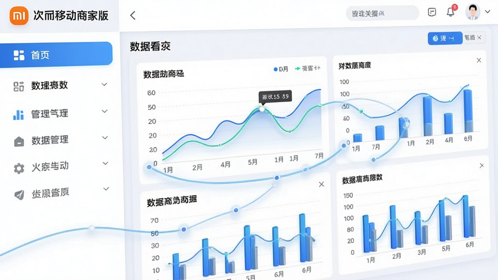 图片主体为“小米移动商家版”的管理后台界面截图展示,布局采用左右分栏的网页设计风格,左侧是清晰的菜单导航栏,右侧是动态数据看板,包含折线图与柱状图。排版规整有序,风格偏向商务科技蓝白配色,细节上突出数据可视化图表的立体感与界面线条的流畅性,画质明净通透,整体显得专业且干净。