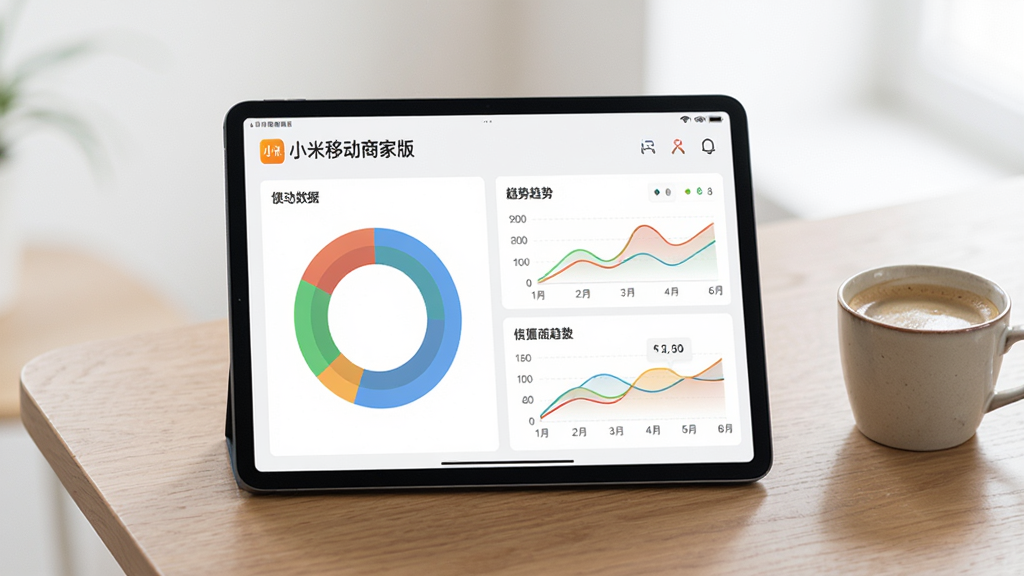 画面主体是一个平板电脑,屏幕上显示“小米移动商家版”的销售数据报表,以彩色环形图和趋势曲线图为主。布局为平视角度,平板电脑放置在木纹桌面上,旁边有一杯咖啡作为点缀。排版风格简约清新,细节上强调图表数据的清晰度与色彩的层次感,画质柔和,背景干净,营造出轻松高效的办公氛围。