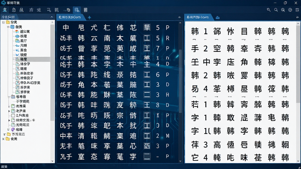 一张展示中日韩汉字超大字符集软件主界面的高清截图,界面中显示大量汉字字符集列表,左侧为字符分类树,右侧为字符预览区域,背景为深蓝色科技感风格,界面布局清晰,字符显示锐利,整体风格专业且现代,画面干净无多余元素,画质高清晰度。