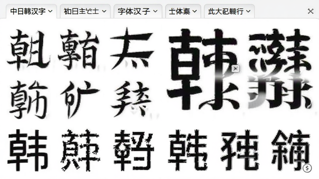 中日韩汉字超大字符集软件的字体切换功能演示,展示同一汉字在不同字体下的样式对比,界面中显示多个字体选项卡,背景为白色,字体示例清晰,整体风格简洁明了,画质高,无多余元素。