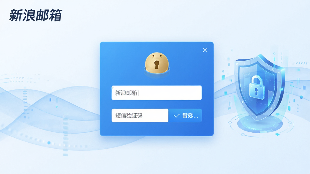 主体:新浪邮箱的登录界面,带有安全锁图标和短信验证码输入框。布局:界面中央为登录框,右侧有安全盾牌动画。排版:输入框简洁,背景有淡蓝色波纹。风格:安全科技风,蓝色调。细节:页面左上角有“新浪邮箱”字样。画质:高清,干净,无多余元素。