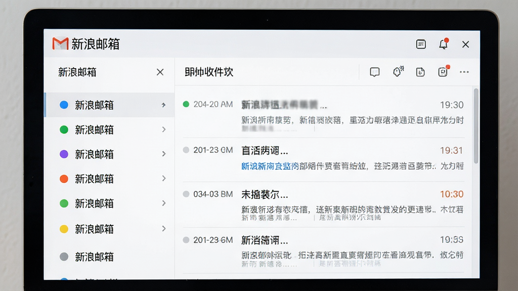 主体:电脑屏幕上显示新浪邮箱的多账号聚合界面,左侧栏列出多个邮箱账号。布局:界面采用左右分栏,左侧为账号列表,右侧为统一收件箱。排版:账号列表以彩色圆点区分,收件箱邮件按时间倒序排列。风格:扁平化设计,清爽简洁。细节:屏幕顶部显示“新浪邮箱”字样,账号名称清晰可见。画质:高清,干净,无多余元素。