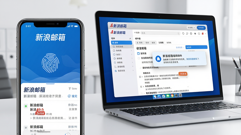 主体:手机和电脑并排展示新浪邮箱界面,手机屏幕显示邮件列表,电脑屏幕显示收件箱详情。布局:左侧为手机,右侧为笔记本电脑,背景为简洁办公桌。排版:手机与电脑画面均清晰显示“新浪邮箱”字样。风格:现代科技感,蓝白配色。细节:手机屏幕有指纹图标,电脑屏幕有通知弹窗。画质:高清,干净,无多余元素。