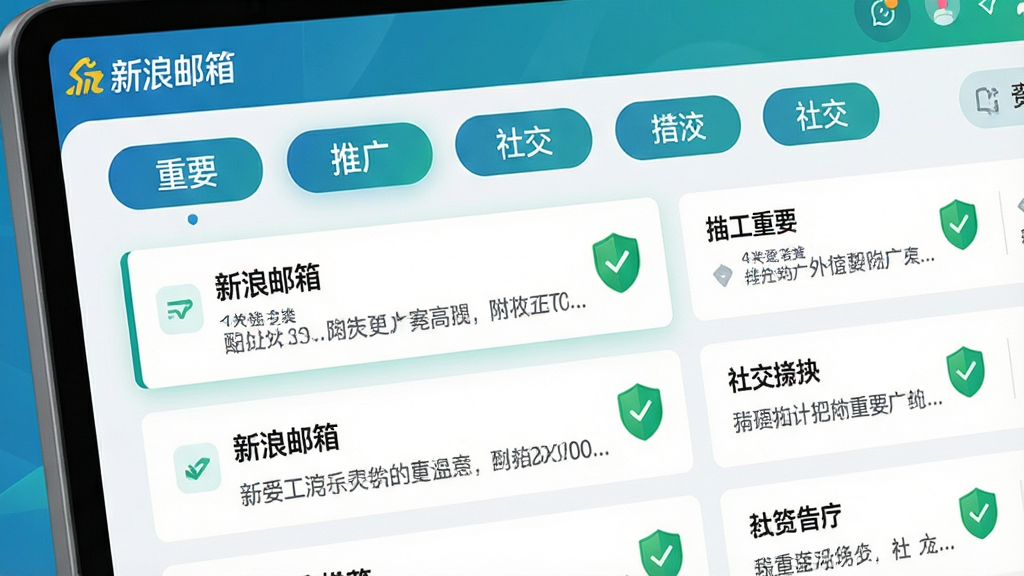 主体:新浪邮箱的智能分类界面,屏幕中显示邮件被自动分类为“重要”“推广”“社交”等标签。布局:邮件列表上方有分类标签栏,点击不同标签显示对应邮件。排版:邮件卡片简洁,带有绿色安全盾牌图标。风格:现代科技风,蓝绿色调。细节:屏幕左上角有“新浪邮箱”字样,分类标签清晰。画质:高清,干净,无多余元素。