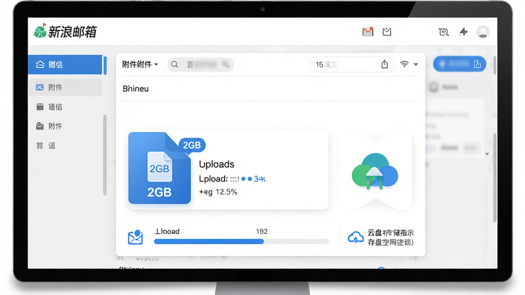 主体:新浪邮箱的写信界面,附件区域显示一个大型文件正在上传,旁边有云盘图标。布局:界面中央为写信窗口,下方有附件上传进度条和云盘存储空间指示。排版:附件以卡片形式展示,带有“2GB”标识。风格:简约商务风,蓝色为主。细节:屏幕顶部有“新浪邮箱”字样,上传进度清晰。画质:高清,干净,无多余元素。