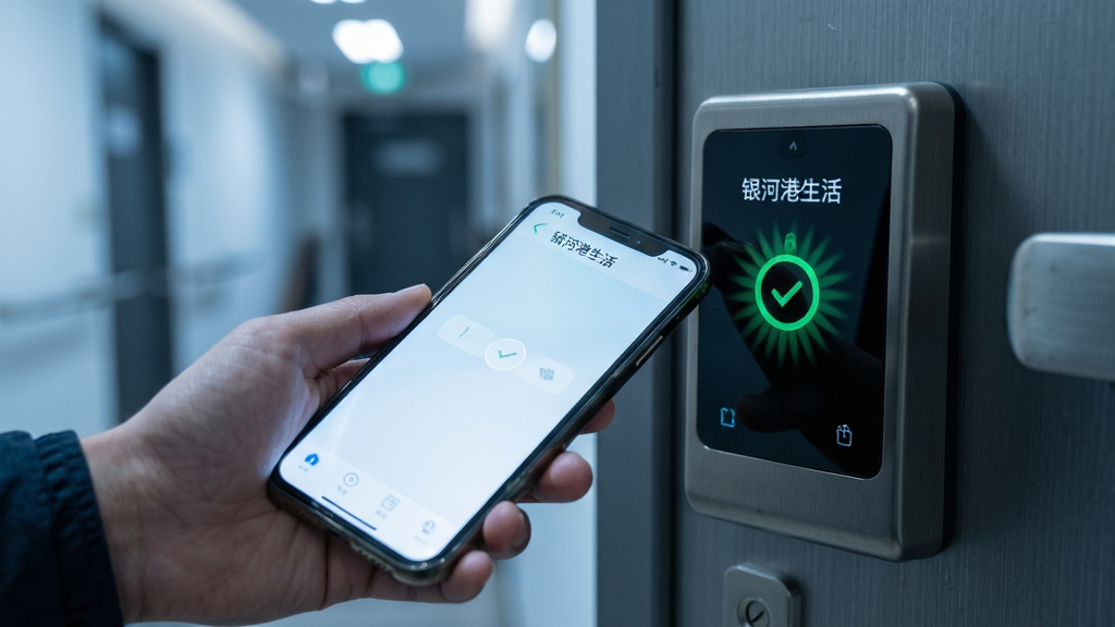 画面展现“银河港生活”App的智能门禁功能使用场景,一只手正拿着手机贴近单元门禁读卡器,屏幕亮起并显示开锁成功的绿色对勾动画。主体为近景特写,布局注重动作交互感,背景是模糊的楼道环境。风格为写实摄影风格,色调偏冷,突出科技感与安全感。细节上,手机屏幕光效明显,门禁设备质感真实,画质清晰锐利,干净无多余元素。