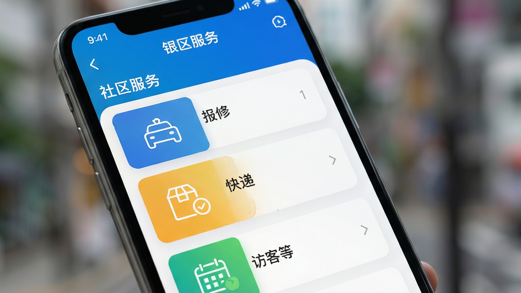 图片展示“银河港生活”App的“社区服务”界面,以列表形式呈现报修、快递、访客等入口。主体为手机UI界面特写,布局规整,每个功能卡片配有简洁的线性图标。风格为写实的屏幕截图风格,背景虚化处理突出前景。排版清晰,信息层级分明。细节上注重真实感,画面色彩饱和度高,文字清晰可读,整体画质细腻,干净无多余元素。
