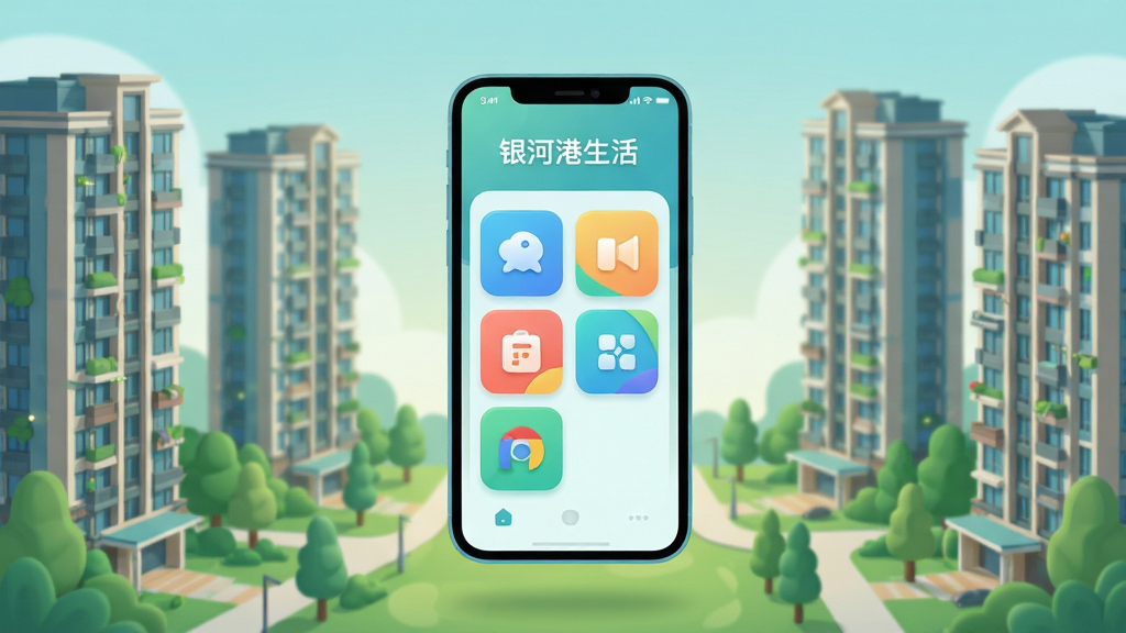 画面主体为一部亮屏的智能手机悬浮在温馨的社区上空,屏幕中显示“银河港生活”App的彩色功能模块图标,背景是现代化的高层住宅小区与绿植。布局采用居中构图,手机屏幕内容清晰可见,排版简洁大气。风格为扁平化插画结合轻微3D质感,色调以清新的蓝绿色为主,强调科技感与生活气息。细节上,光线柔和,界面图标精致,整体画质高清,干净无多余杂物。