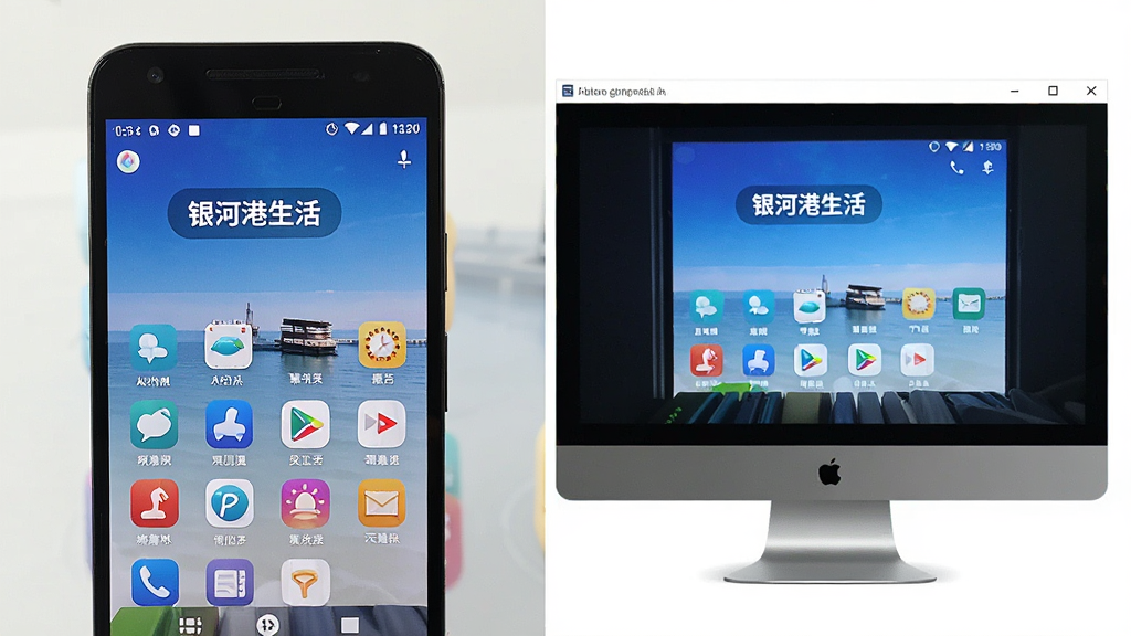一张展示“银河港生活”App在手机与电脑模拟器上运行对比的图片,左侧为安卓手机界面,右侧为电脑窗口中的模拟器界面,两者均显示主屏幕。主体为双设备对比,布局左右对称,风格为实拍与截屏混合。细节上,手机与电脑均处于亮屏状态,屏幕内容清晰,画质干净,无多余元素。