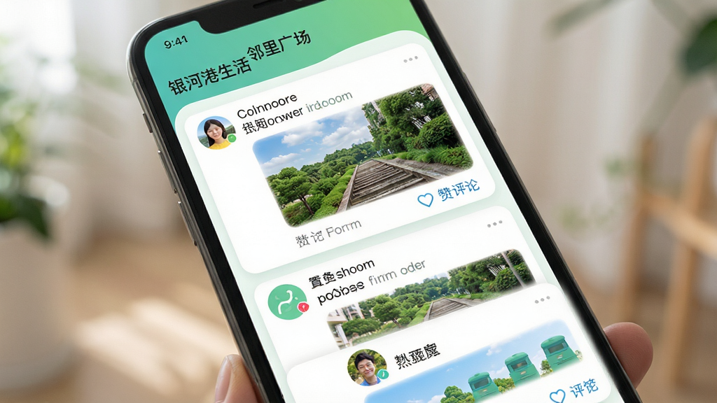 手机屏幕上展示“银河港生活”App的“邻里广场”信息流,包含用户发布的图文动态与物业置顶公告。主体为内容界面,布局采用瀑布流形式,卡片圆润。风格为清新自然的UI设计风格,色彩明快。细节上,头像、配图、点赞评论按钮一应俱全,文字内容清晰可读,整体画质高清,富有生活气息,干净无多余元素。