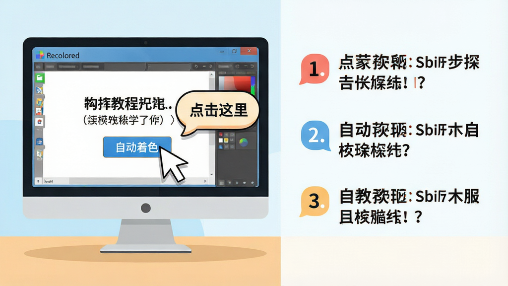 主体:Recolored软件运行在Windows电脑上,屏幕显示操作教程界面,有鼠标点击“自动着色”按钮,旁边有文字气泡提示。布局:电脑位于左侧,右侧有步骤说明文字。排版:步骤用数字标出,界面友好。风格:扁平化插画风格,色彩明快。细节:鼠标指针清晰可见,气泡内文字为“点击这里”。画质:高清,干净,无多余元素。