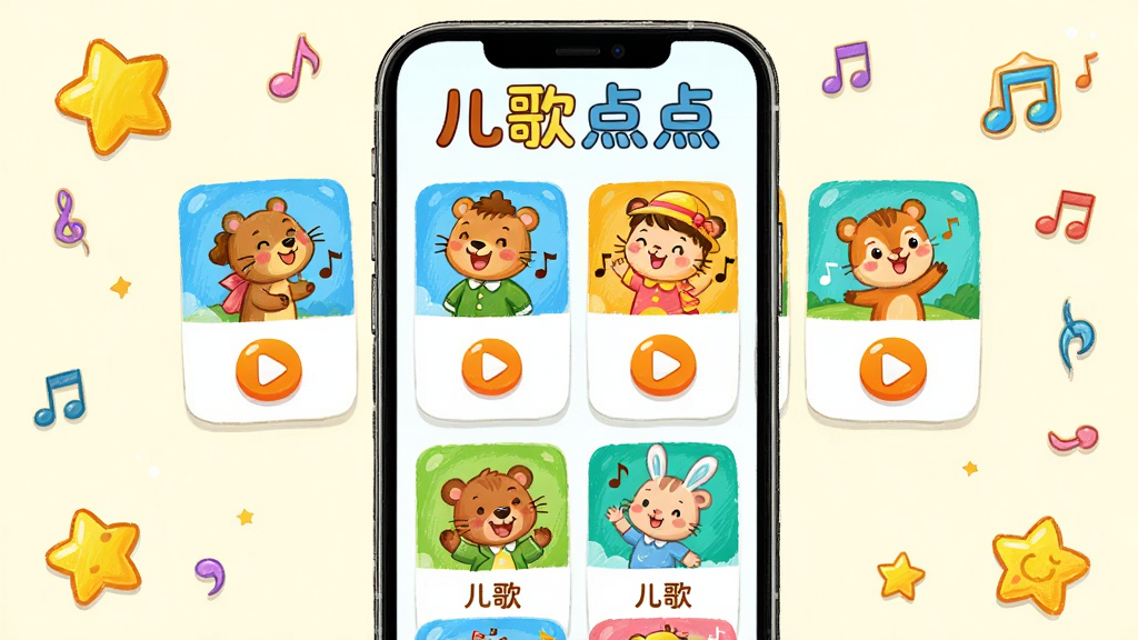 主体:儿歌点点APP的界面预览图,展示可爱的卡通角色和鲜艳的儿歌列表。布局:手机屏幕居中,四周有星星和音符装饰,顶部有“儿歌点点”字样。排版:界面清晰,歌曲卡片整齐排列,播放按钮醒目。风格:卡通手绘风,色彩明亮温馨,适合儿童。细节:画面中有小动物唱歌、跳舞,音符飘动。画质:高清,干净,无多余元素。
