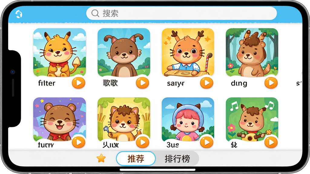 主体:儿歌点点应用内儿歌列表页面,显示多首儿歌封面图。布局:列表式排列,每首儿歌有卡通缩略图、歌名和播放按钮。排版:整齐有序,封面风格各异。风格:明亮卡通,色彩丰富。细节:屏幕下方有“推荐”“排行榜”标签,顶部搜索栏。画质:高清,干净,无多余元素。