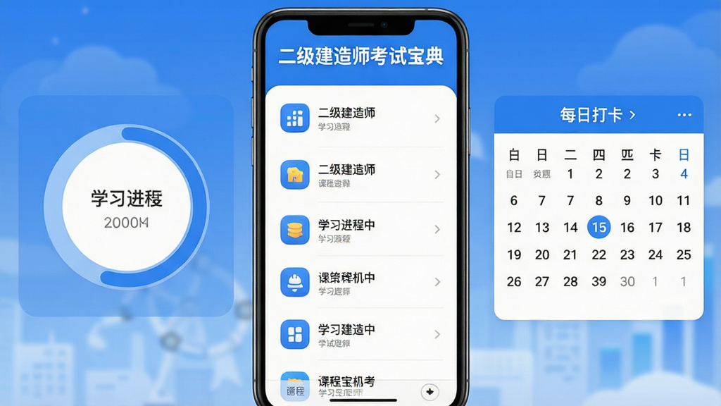 一张展示二级建造师考试宝典软件主界面的高清截图,画面中央是课程列表与题库入口,左侧显示学习进度环,右侧为每日打卡日历,整体采用蓝白配色,界面干净整洁,图标圆润,文字清晰,突出“二级建造师考试宝典”品牌名称,手机端竖屏布局,现代扁平化风格,画质细腻,无多余元素