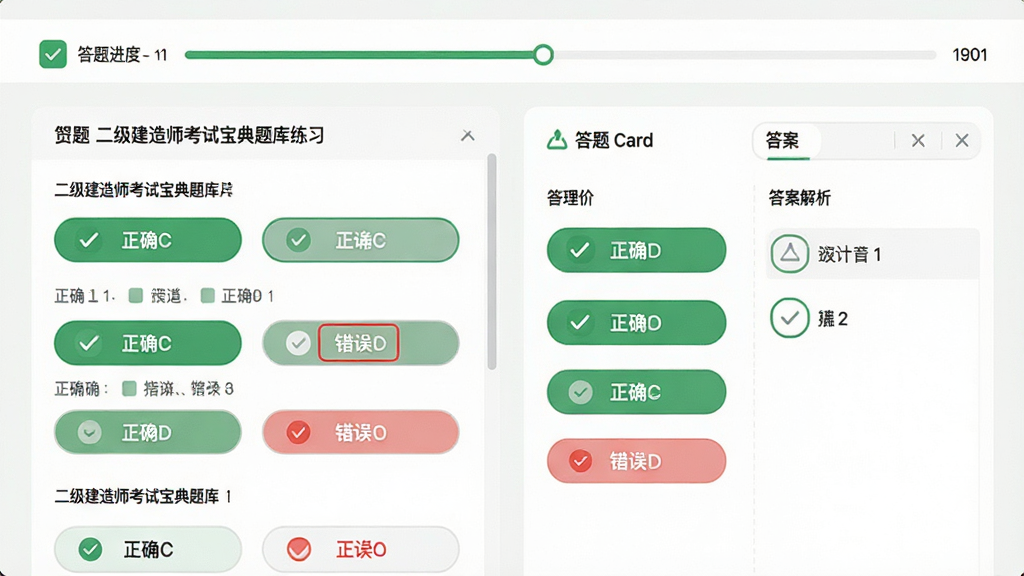 二级建造师考试宝典题库练习页面预览图,左侧为题目列表,右侧为答题卡与答案解析区域,题目文字清晰,选项按钮圆润,顶部显示答题进度条,整体浅色背景,绿色高亮正确选项,红色标注错误选项,界面简洁专业,适合学习场景,画质干净,无多余元素