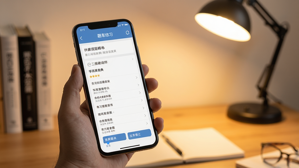 二级建造师考试宝典移动端使用场景图,一部手机握在手中,屏幕显示题库练习界面,背景是书桌与台灯,整体光线温暖,画面干净,突出软件实用性,无多余元素