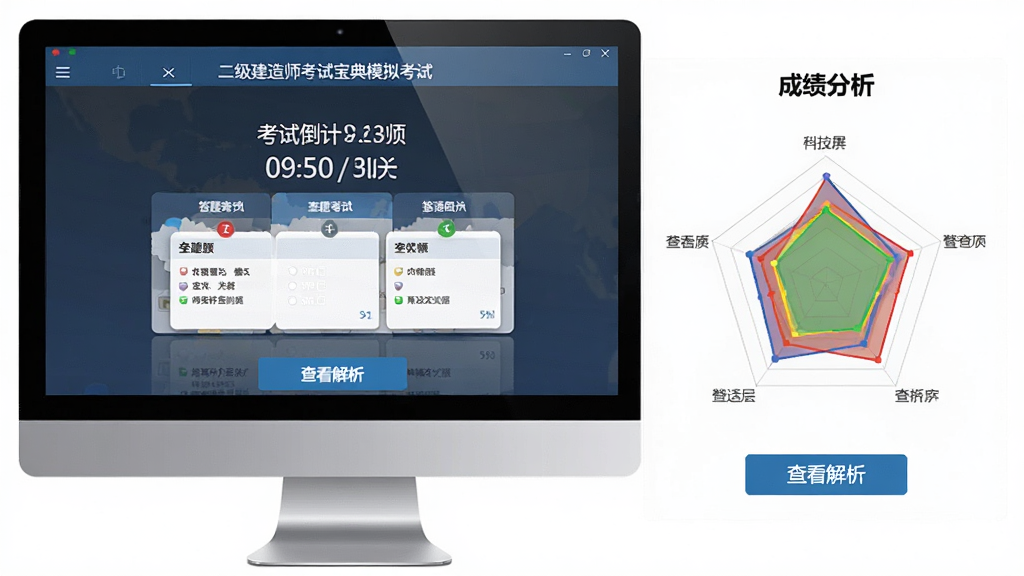 二级建造师考试宝典模拟考试界面,电脑屏幕显示考试倒计时与答题卡,旁边是成绩分析雷达图,图表色彩丰富,底部有“查看解析”按钮,整体风格严谨,突出考试氛围,画面干净,无多余元素