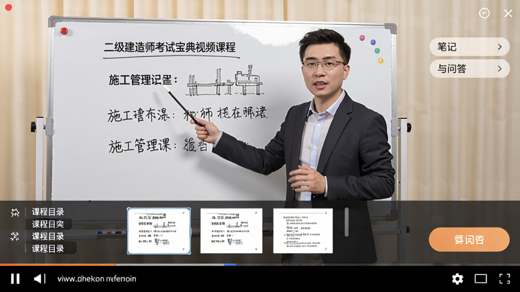 二级建造师考试宝典视频课程播放界面,画面中讲师正在白板前讲解施工管理知识点,屏幕下方显示课程目录与讲义缩略图,右侧有笔记与问答按钮,整体色调柔和,播放器控件清晰,画质清晰流畅,适合在线学习氛围,无多余元素