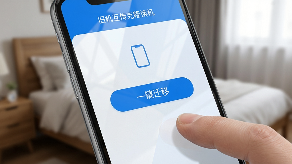 一张智能手机屏幕特写,屏幕中显示“旧机互传克隆换机”APP主界面,背景是模糊的卧室环境,界面简洁清晰,主体为蓝白配色,中央有“一键迁移”按钮,布局居中,风格写实,细节展示屏幕反光和手指点击动作,画质高清干净,无多余元素