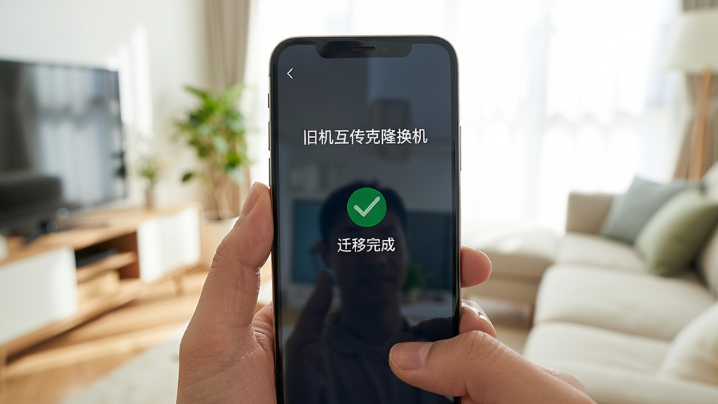 一部手机显示“旧机互传克隆换机”的完成界面,屏幕上打勾并显示“迁移完成”,背景为明亮的客厅,风格写实,细节展示手机屏幕的反光和用户的手,画质干净清晰,无多余元素
