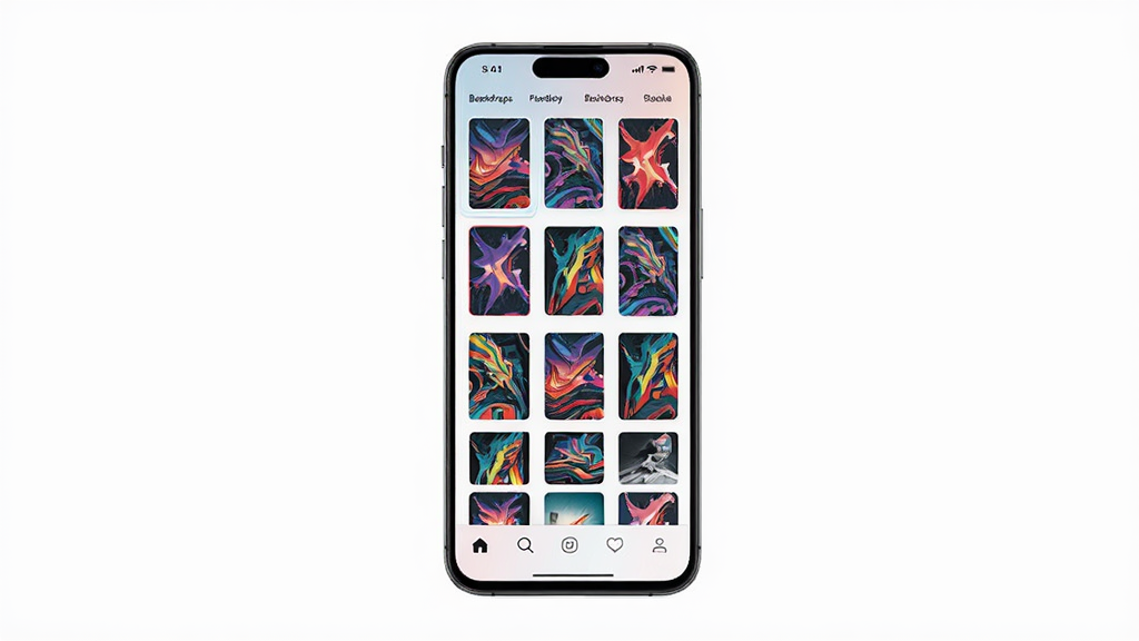 主体为一部亮屏的智能手机,屏幕展示Backdrops应用界面,背景是色彩斑斓的抽象艺术壁纸,布局为手机居中,四周留白,排版简洁,风格现代时尚,细节包括屏幕上的壁纸缩略图网格和底部导航栏,画质高清,干净无多余元素